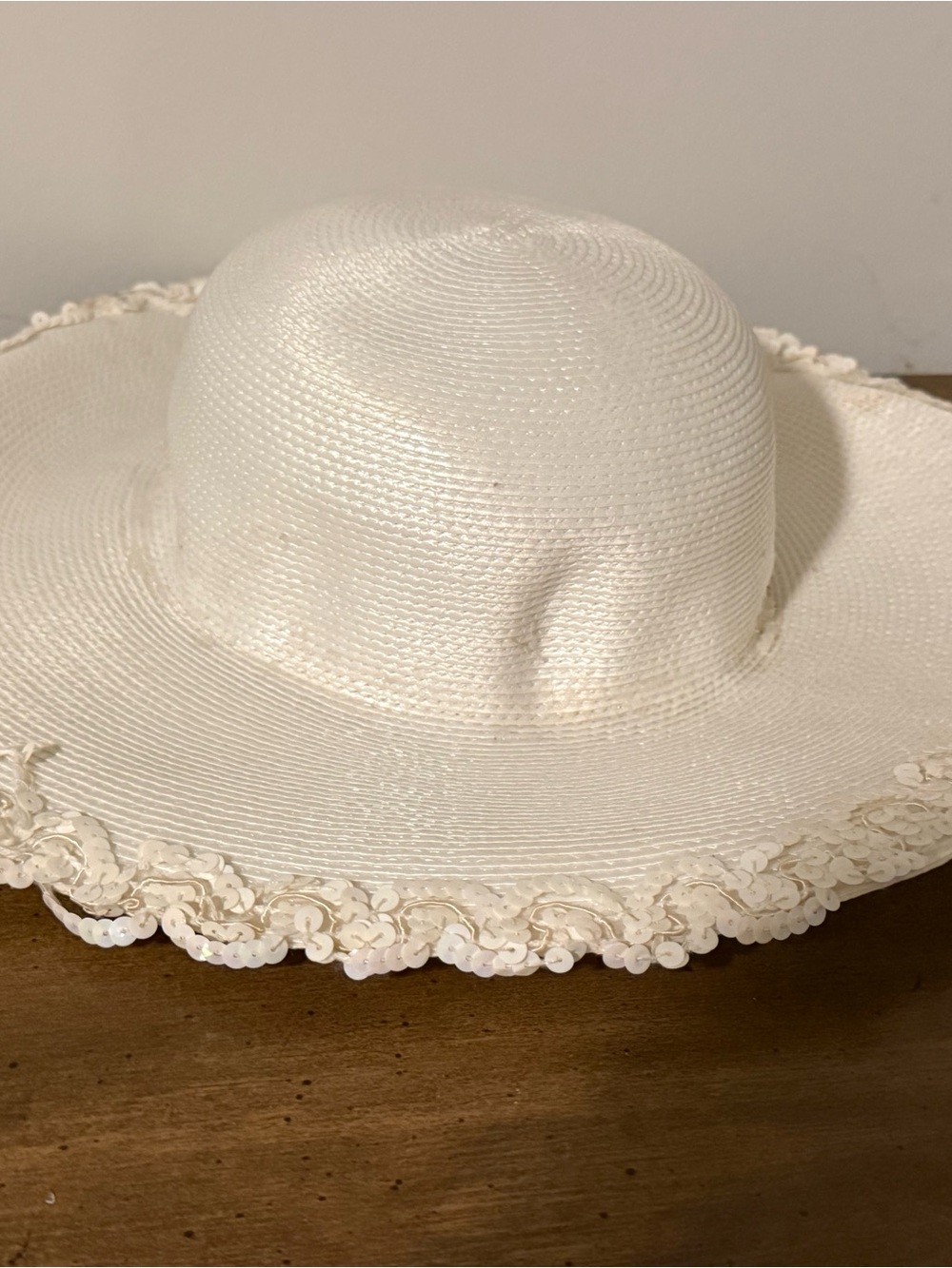 Ivory Sequin-Trim Wide Brim Sun Hat